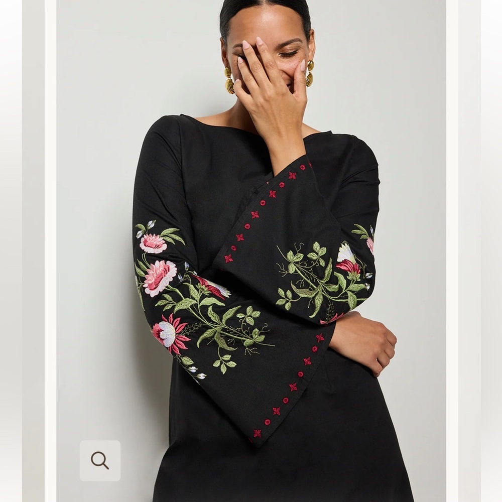 Fanm Mon Yobe Dress Midi Maxi Floral Embroidered Bell Sleeves Black Small NWT - Picture 4 of 15